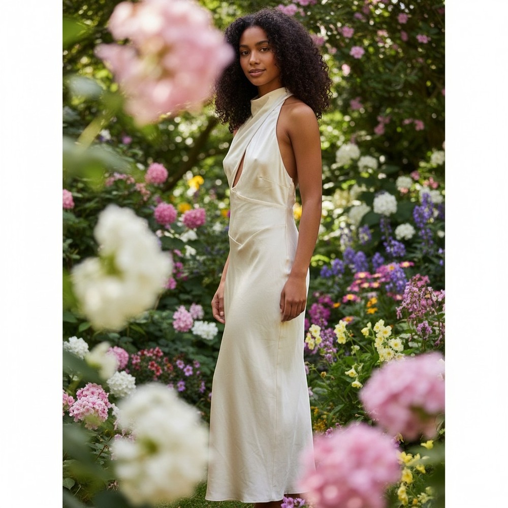 Cream Satin Halter‎ Maxi Dress Twisted Keyhole Cutout Open Back Formal Gown